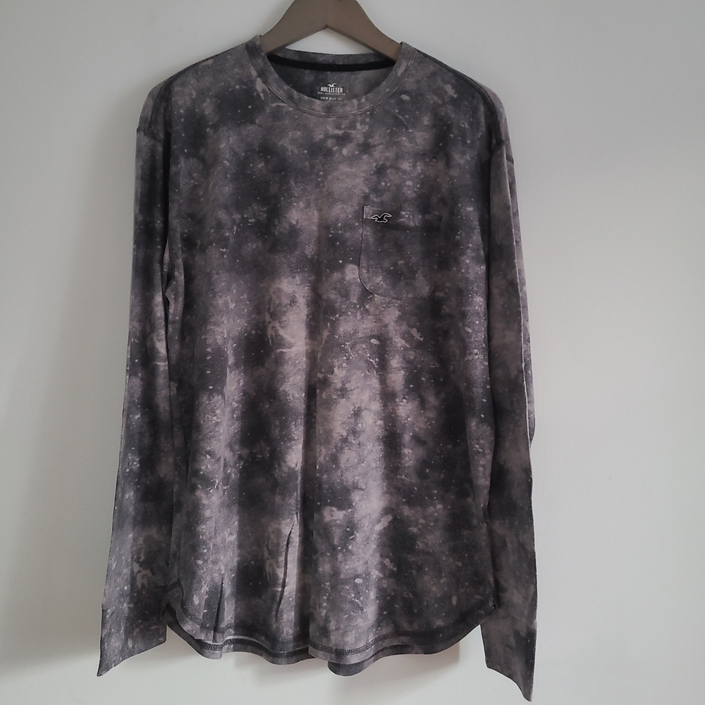 Hollister Men Black and Gray Tie-Dye Long Sleeve Shirt Size L